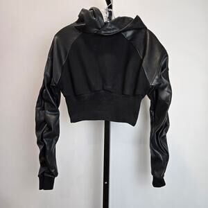 Maniere De Voir Scrunch Sleeve Crop Hooded Sweatshirt Faux Leather Industrial 2